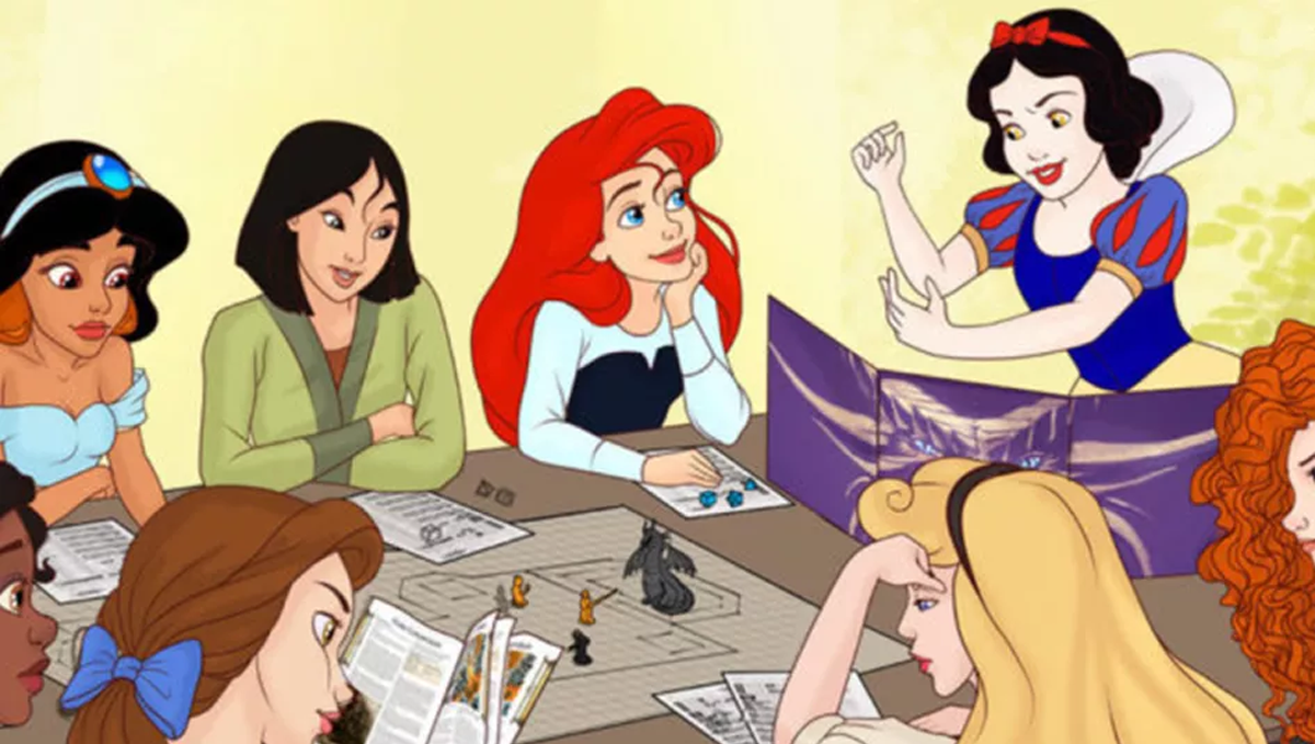 imagens de várias princesas da disney participando de uma partida de RPG